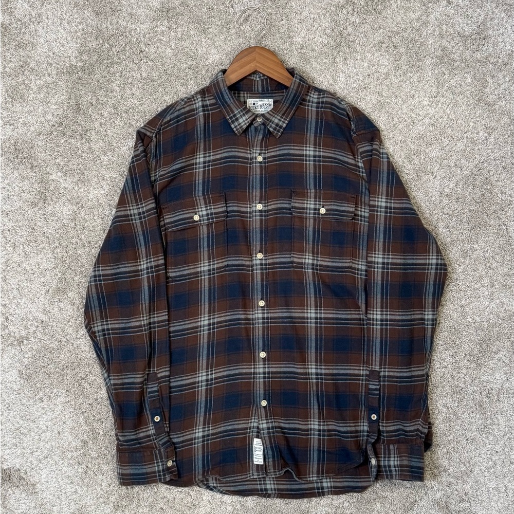 Lucky Brand Button Down Shirt Mens Navy and Brown Plaid